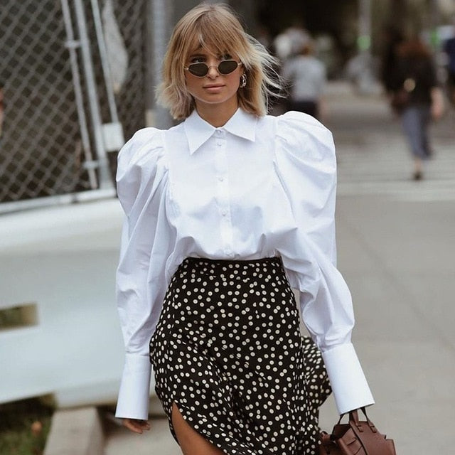 OOTN Elegant White Puff Sleeve Blouse Women Shirts Office Lady Ladies Work Wear Turn Down Collar Womens Tops And Blouses Female