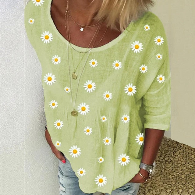 2020 Elegant Women O-Neck Shirt Blouse Summer Casual Three-Quarter Sleeve Shirt Pullover Plus Size Daisy Print Female Blusa Tops