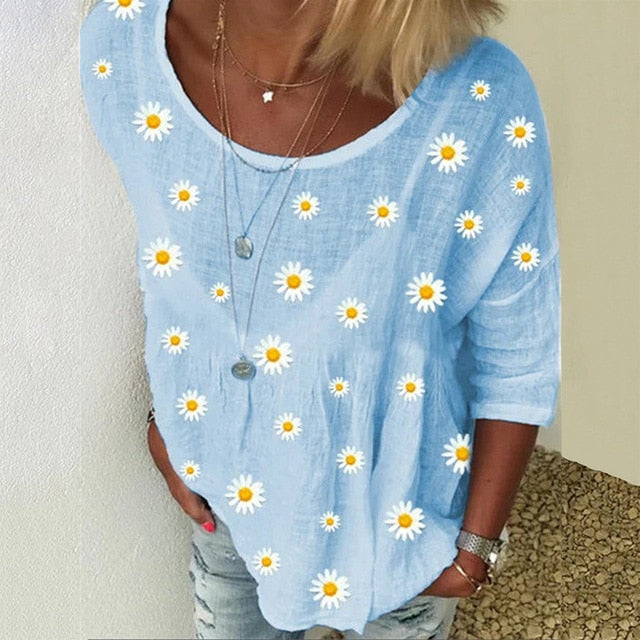 2020 Elegant Women O-Neck Shirt Blouse Summer Casual Three-Quarter Sleeve Shirt Pullover Plus Size Daisy Print Female Blusa Tops
