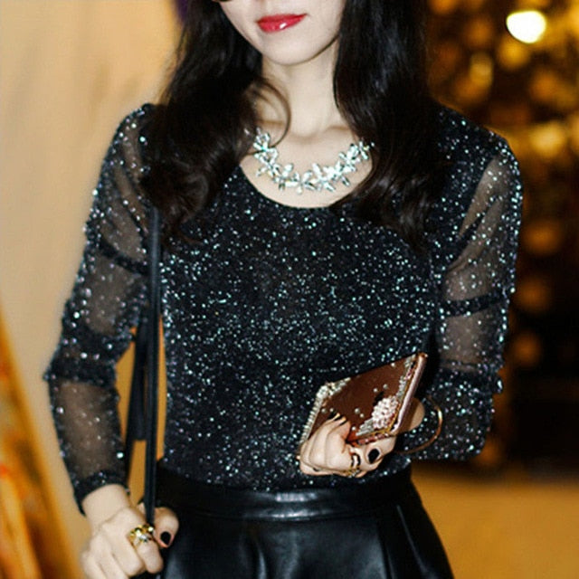 Spring Summer Women's Sexy See Through Mesh Blouse Long Sleeve Transparent Shining Elegant Shirt Fashion Women Tops DF2417