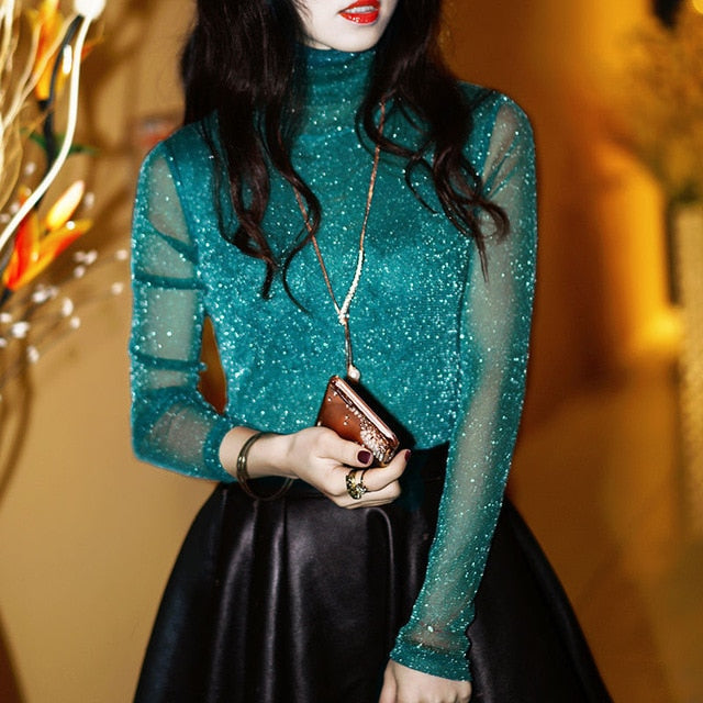 Spring Summer Women's Sexy See Through Mesh Blouse Long Sleeve Transparent Shining Elegant Shirt Fashion Women Tops DF2417