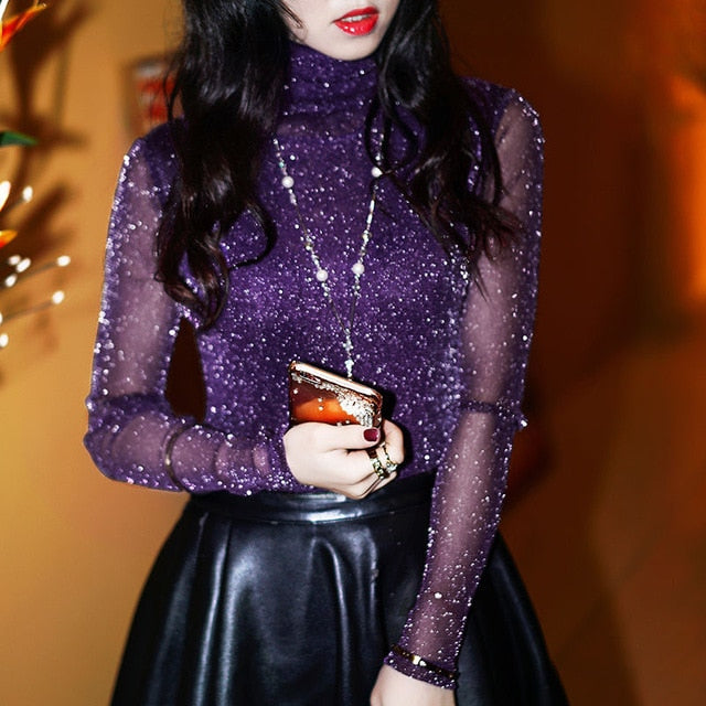 Spring Summer Women's Sexy See Through Mesh Blouse Long Sleeve Transparent Shining Elegant Shirt Fashion Women Tops DF2417