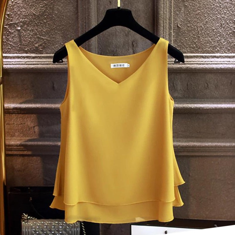 2020 Fashion Brand Women blouse Summer New sleeveless Chiffon shirt Solid V-neck Casual blouse Plus Size 5XL Loose Female Top