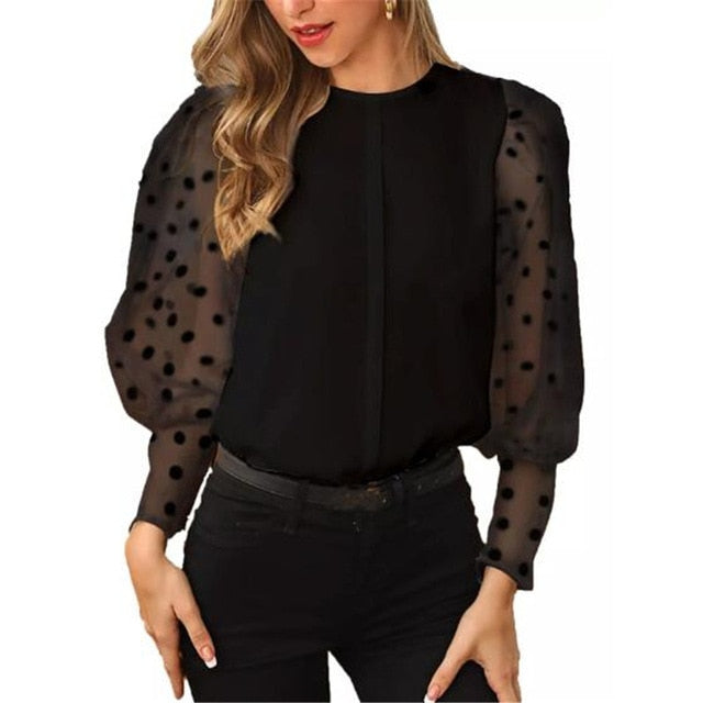 Women's Sheer Mesh See-through Blouse 2019 New Fashion Elegant Slim Polka Dot Puff Long Sleeve Tops Shirt Turtleneck Fall Blouse