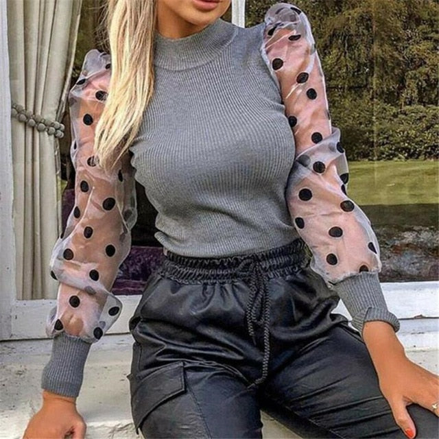 Women's Sheer Mesh See-through Blouse 2019 New Fashion Elegant Slim Polka Dot Puff Long Sleeve Tops Shirt Turtleneck Fall Blouse