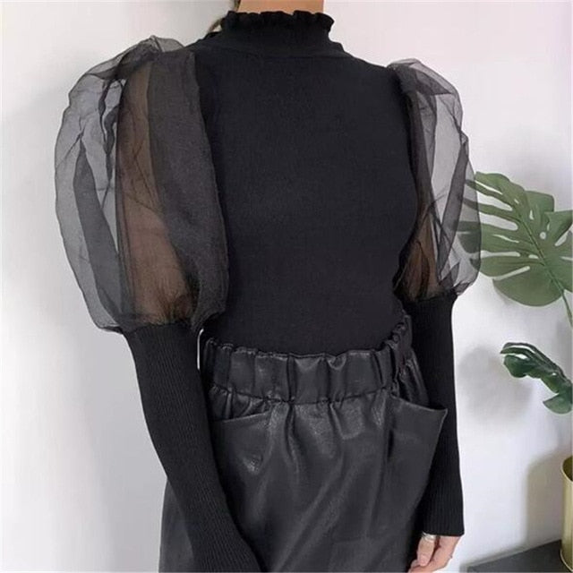 Women's Sheer Mesh See-through Blouse 2019 New Fashion Elegant Slim Polka Dot Puff Long Sleeve Tops Shirt Turtleneck Fall Blouse