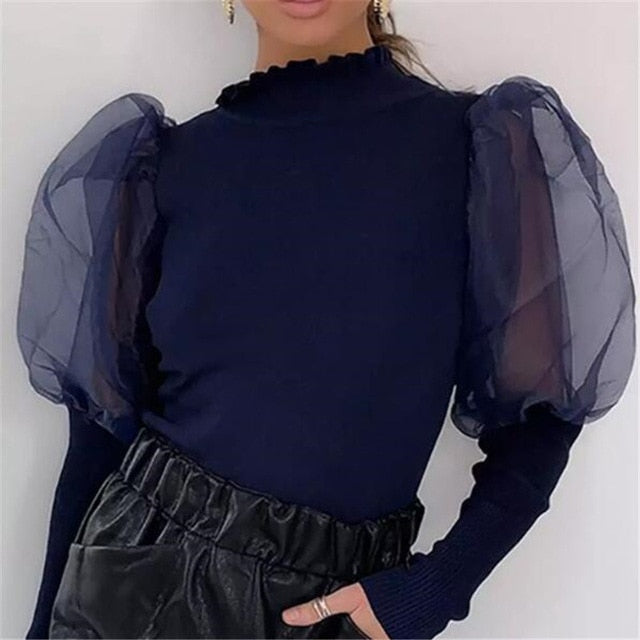 Women's Sheer Mesh See-through Blouse 2019 New Fashion Elegant Slim Polka Dot Puff Long Sleeve Tops Shirt Turtleneck Fall Blouse