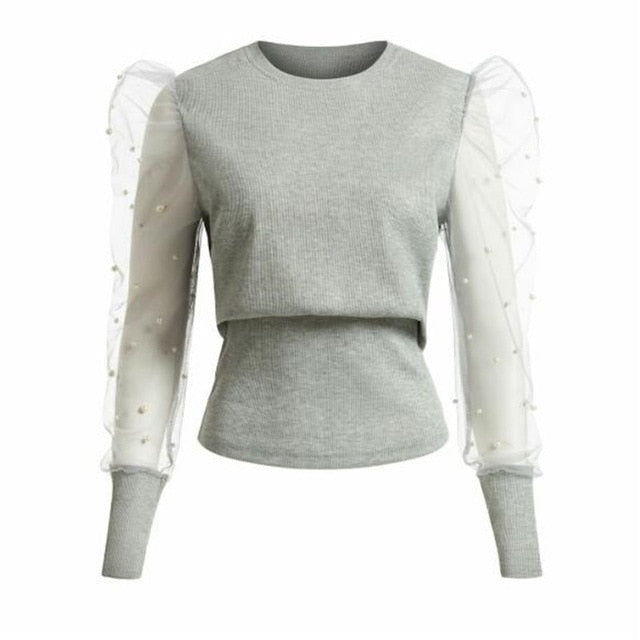 Women's Sheer Mesh See-through Blouse 2019 New Fashion Elegant Slim Polka Dot Puff Long Sleeve Tops Shirt Turtleneck Fall Blouse