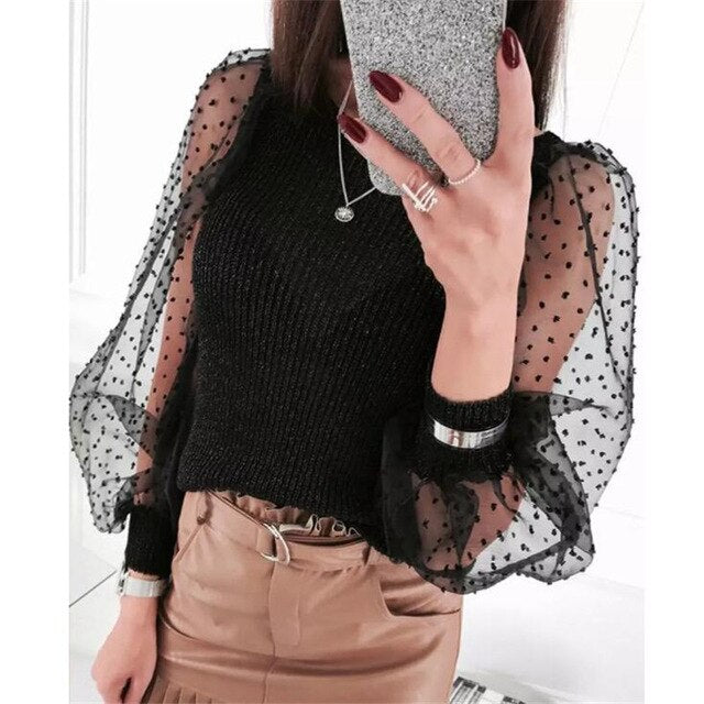 Women's Sheer Mesh See-through Blouse 2019 New Fashion Elegant Slim Polka Dot Puff Long Sleeve Tops Shirt Turtleneck Fall Blouse
