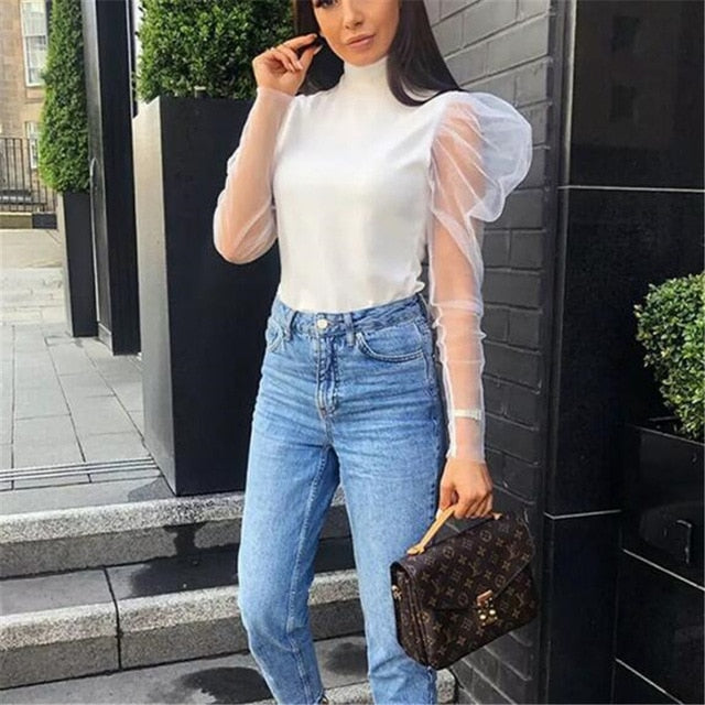 Women's Sheer Mesh See-through Blouse 2019 New Fashion Elegant Slim Polka Dot Puff Long Sleeve Tops Shirt Turtleneck Fall Blouse