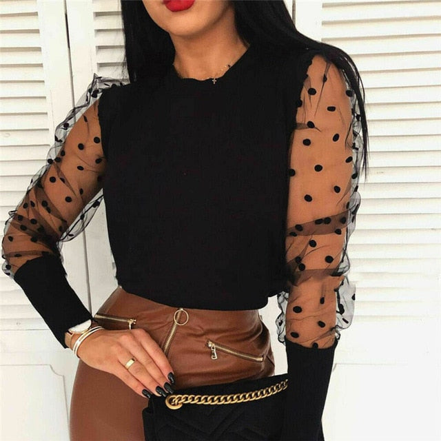 Women's Sheer Mesh See-through Blouse 2019 New Fashion Elegant Slim Polka Dot Puff Long Sleeve Tops Shirt Turtleneck Fall Blouse
