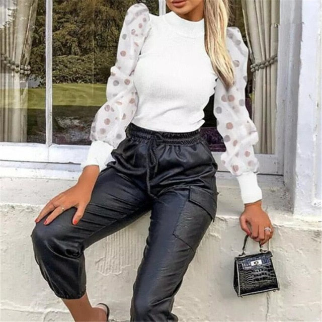 Women's Sheer Mesh See-through Blouse 2019 New Fashion Elegant Slim Polka Dot Puff Long Sleeve Tops Shirt Turtleneck Fall Blouse