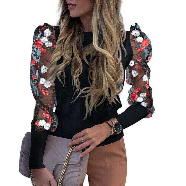 Women's Sheer Mesh See-through Blouse 2019 New Fashion Elegant Slim Polka Dot Puff Long Sleeve Tops Shirt Turtleneck Fall Blouse