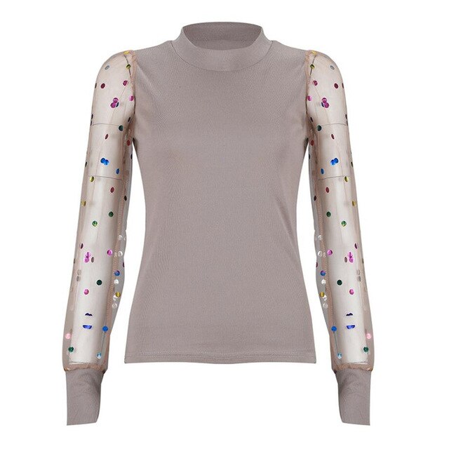 Women's Sheer Mesh See-through Blouse 2019 New Fashion Elegant Slim Polka Dot Puff Long Sleeve Tops Shirt Turtleneck Fall Blouse