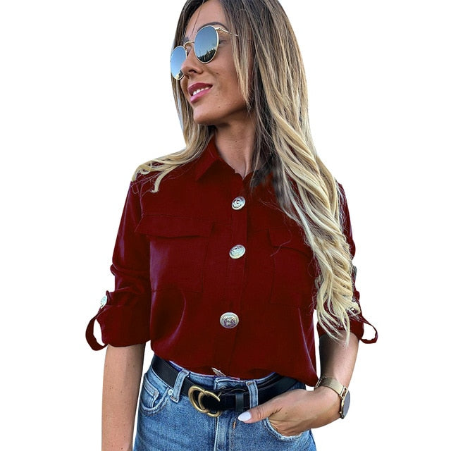 Vintage Long Sleeve Pocket Shirt For Women Autumn Tops Blouse Turn Down Collar Khaki White Black Shirt Fashion Female Blusas D25