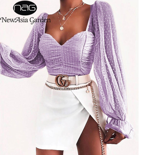 NewAsia Garden Sweet Pink Blouse Women Puff Sleeve Ruffles Mesh Polka Dot Tops Vintage Big Square Collar Solid Color Blusas 2020