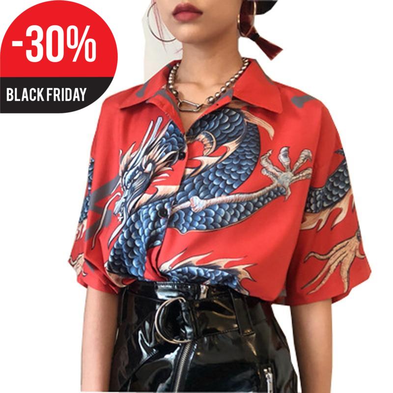 2018 Summer Women Tops Harajuku Blouse Women Dragon Print Short Sleeve Blouses Shirts Female Streetwear kz022