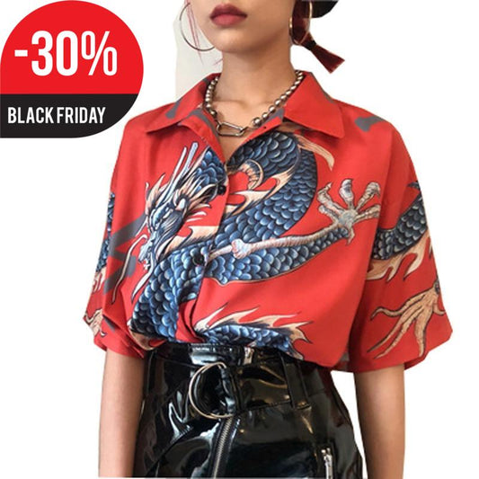 2018 Summer Women Tops Harajuku Blouse Women Dragon Print Short Sleeve Blouses Shirts Female Streetwear kz022