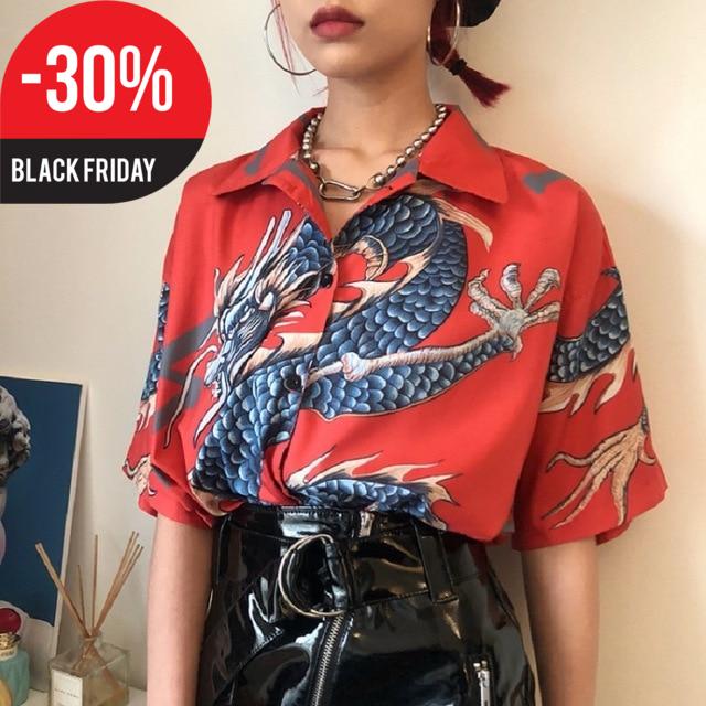 2018 Summer Women Tops Harajuku Blouse Women Dragon Print Short Sleeve Blouses Shirts Female Streetwear kz022