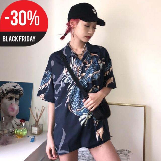 2018 Summer Women Tops Harajuku Blouse Women Dragon Print Short Sleeve Blouses Shirts Female Streetwear kz022