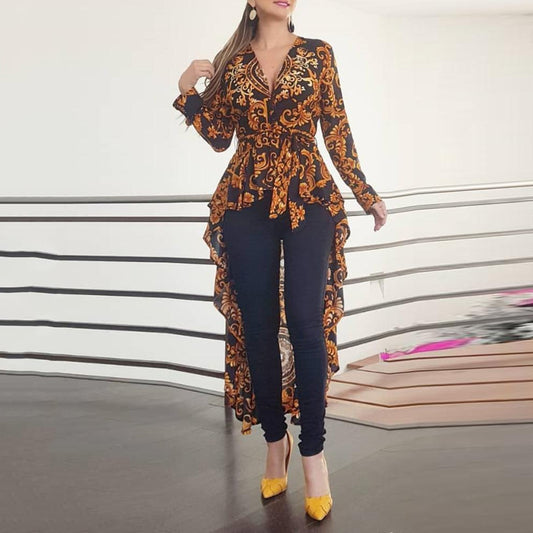 S-XXL Plus Size Women Bohemian Printed Long Sleeve Shirt Women Autumn Blouse Casual Ruffles Irregular Hem Female Tops Shirts D30