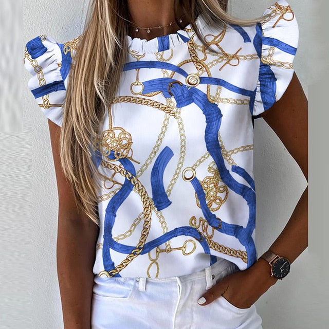 Women Pineapple Floral Print Ruffle Blouse 2020 Summer Butterfly Sleeve Shirt Elegant Office Lady O-Neck Tops Blusa Streetwear