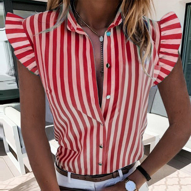 Women Pineapple Floral Print Ruffle Blouse 2020 Summer Butterfly Sleeve Shirt Elegant Office Lady O-Neck Tops Blusa Streetwear