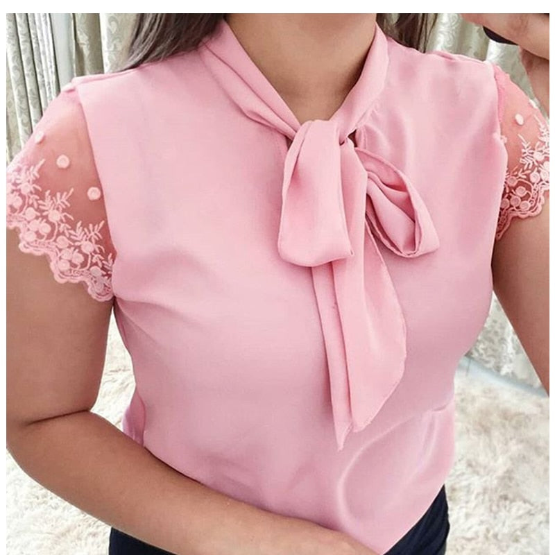 S-5XL New 2020 Lace Up Bow Tie Shirt Summer Short Sleeve Solid Chiffon Casual Blouse Plus Size 5xl Office Lady Blusas Woman Tops