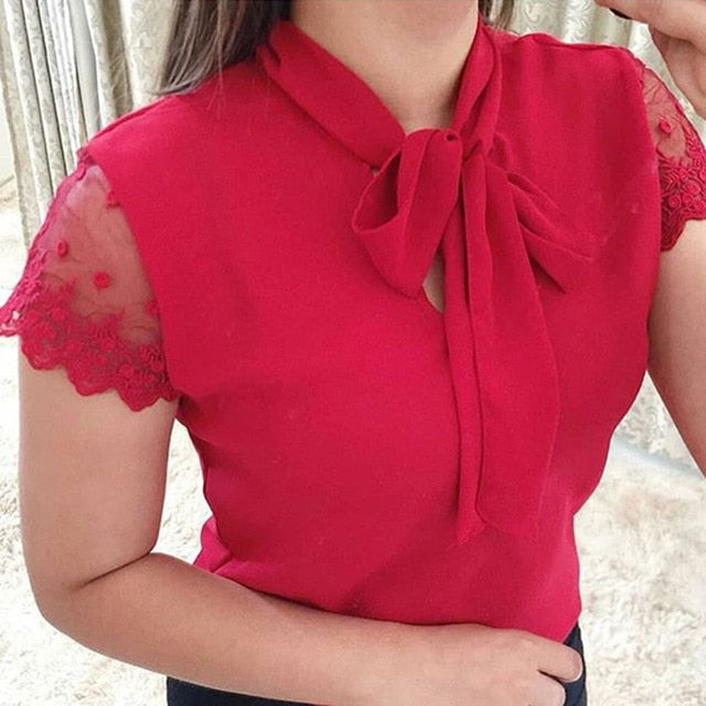 S-5XL New 2020 Lace Up Bow Tie Shirt Summer Short Sleeve Solid Chiffon Casual Blouse Plus Size 5xl Office Lady Blusas Woman Tops