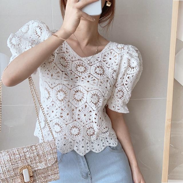 2020 New Vintage Summer Tops Women Puff sleeve Hollow out shirt Female Retro Perspective Lace blouse