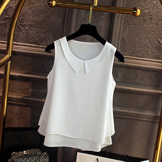 large size Blouse Shirt Women 2019 Female Solid Color Double layer Chiffon Shirts Casual sleeveless Loose Top Plus Size Clothing