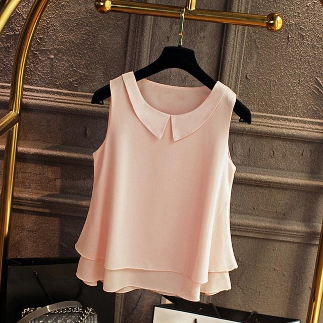 large size Blouse Shirt Women 2019 Female Solid Color Double layer Chiffon Shirts Casual sleeveless Loose Top Plus Size Clothing