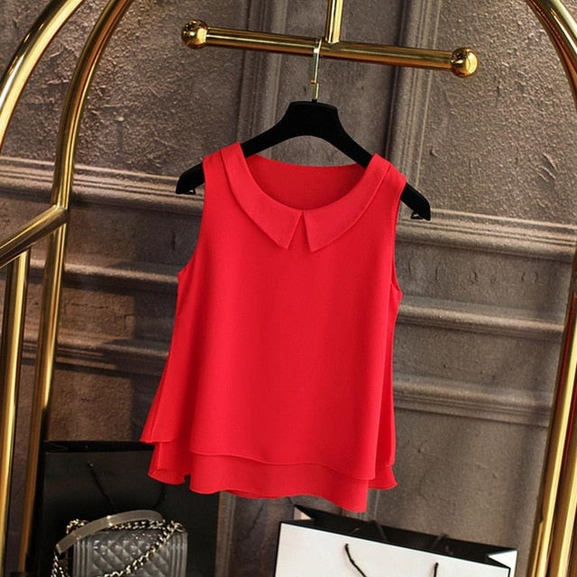 large size Blouse Shirt Women 2019 Female Solid Color Double layer Chiffon Shirts Casual sleeveless Loose Top Plus Size Clothing