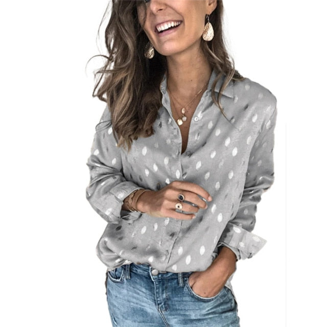 2020 Spring Summer Women Dots Print Blouse Shirt Female Tops Long Sleeve Casual Turn-down Collar OL Style Women Loose Blouses