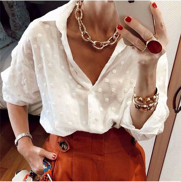 2020 Spring Summer Women Dots Print Blouse Shirt Female Tops Long Sleeve Casual Turn-down Collar OL Style Women Loose Blouses