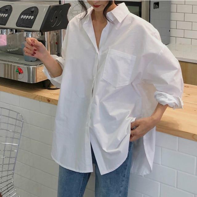 SHENGPALAE 2020 Spring Vintage White Women Shirt Female Tops Long Sleeve Casual Turn-down Collar Women's Loose Blouses ZA2899