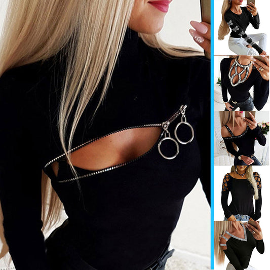 Blouse Tops Shirt For Women Long Sleeve Hallow Out Female Solid Black Tops Tee Shirt Slim Fit Lady Tops and Blouses blusas D30