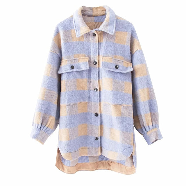 Fashion women purple plaid woolen shirts 2020 elegant ladies oversize long shirt vintage female stylish thick blouses girls chic