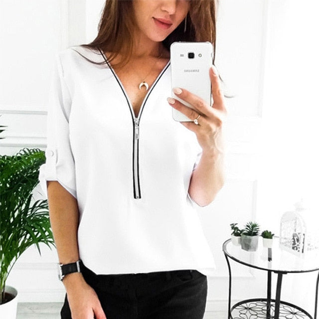 Zipper Short Sleeve Women Shirts Sexy V Neck Solid Womens Tops And Blouses Casual Tee Shirts Tops Female Clothes Plus Size 5XL