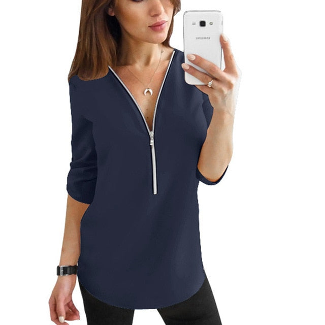 Zipper Short Sleeve Women Shirts Sexy V Neck Solid Womens Tops And Blouses Casual Tee Shirts Tops Female Clothes Plus Size 5XL