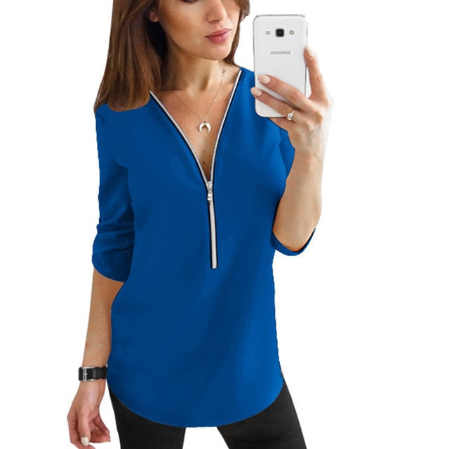 Zipper Short Sleeve Women Shirts Sexy V Neck Solid Womens Tops And Blouses Casual Tee Shirts Tops Female Clothes Plus Size 5XL