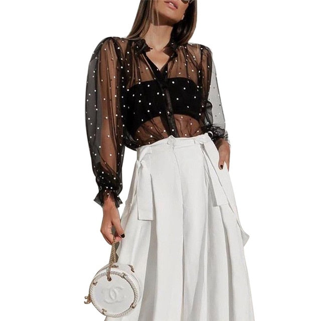 Women Polka Dot Retro Blouse Lady Early Autumn Modern Mesh Shirt Vogue See-through Loose Button  Puff Sleeve Blouse High Street