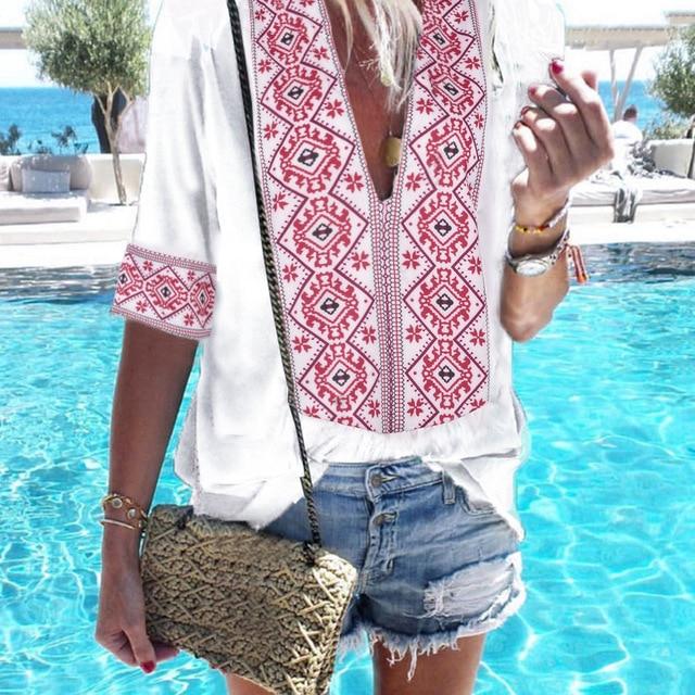 JODIMITTY 2020 Women Ethnic Style Bohemian Blouse Shirt Sexy V Neck Beach Blusas Summer Casual printed Boho Blouses 4XL 5XL