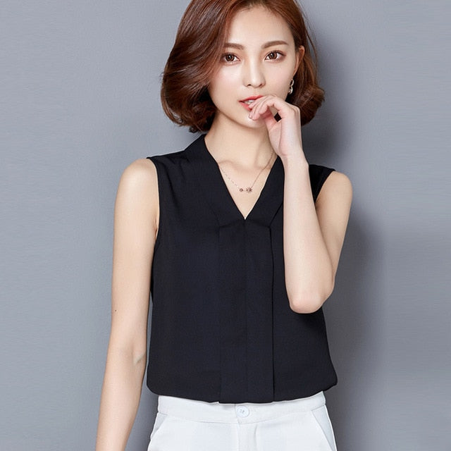 Women Chiffon Blouses Large size  Ladies Tops Female Sleeveless Office Lady White Shirt Plus Size Female Clothing 4XL 5XL