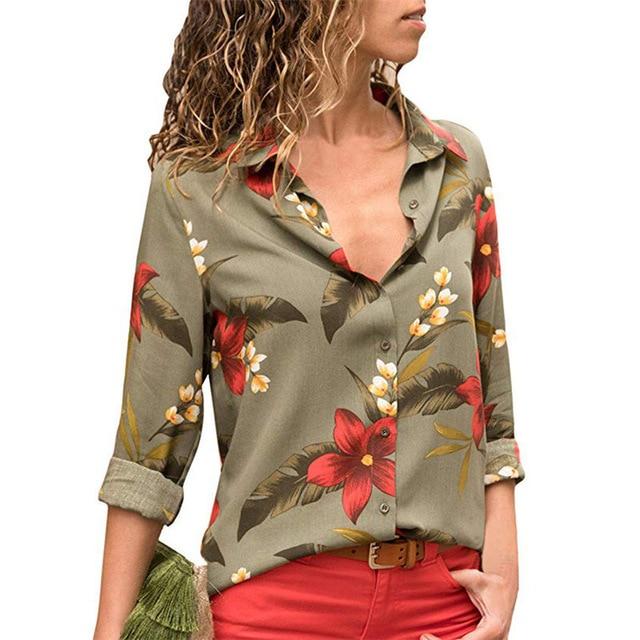 Aachoae Womens Tops and Blouses 2020 Summer Floral Print Blouse Long Sleeve Turn Down Collar Office Shirt Blusas Mujer Plus Size