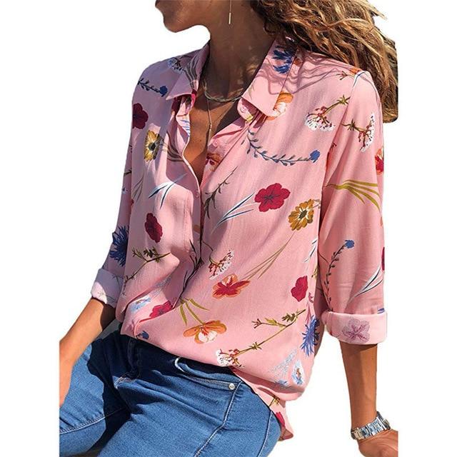 Aachoae Womens Tops and Blouses 2020 Summer Floral Print Blouse Long Sleeve Turn Down Collar Office Shirt Blusas Mujer Plus Size