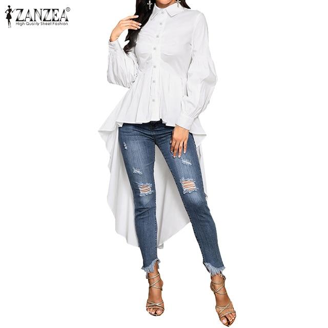 Fashion Women Ruffles Hem Blouse ZANZEA Elegant Lapel Neck Swallowtail Shirts Solid Long Sleeve High Waist Tops Irregular Blusas