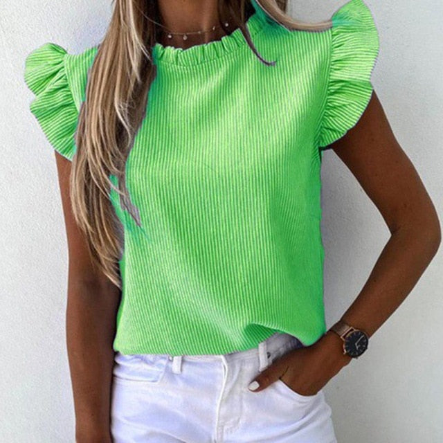 2020 Striped Floral Print Shirt Women Blouses Summer Butterfly Sleeve V Neck Button Shirts Elegant Office Lady Blouse Spring Top