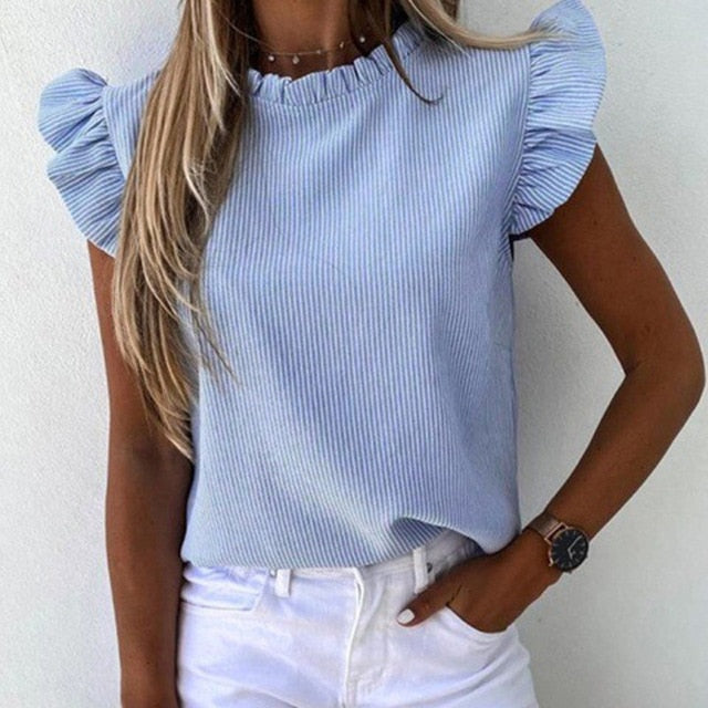 2020 Striped Floral Print Shirt Women Blouses Summer Butterfly Sleeve V Neck Button Shirts Elegant Office Lady Blouse Spring Top