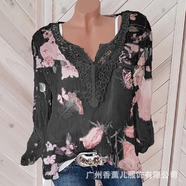 Large size lace loose women blouses 2020 summer blouse top casual fashion v-neck long sleeve printed women's chiffon shirt